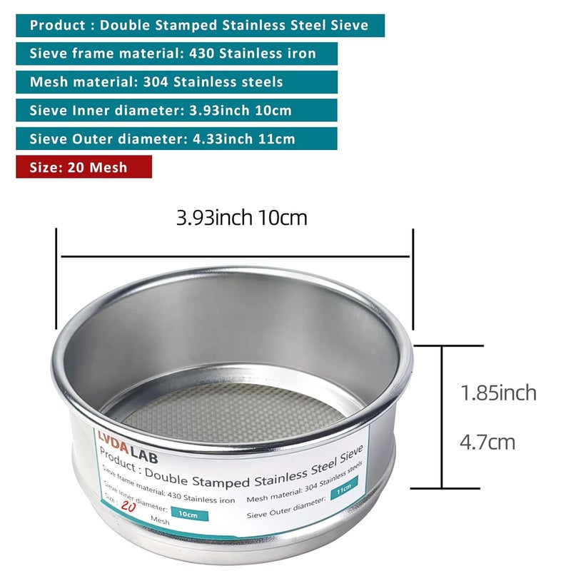 LVDALAB 304 Stainless Steel Mesh Lab Sieve, 20 Mesh (0.9mm) Aperture Test Sieve, 4inch(10cm) Economy Standard Analysis Sample Test Sieves for Industrial Laboratory Homes - Image 2